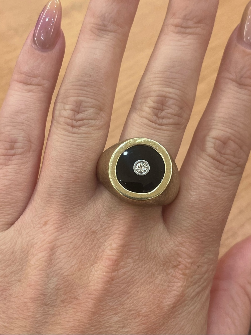 10k Yellow Gold Vintage Mens Black Onyx Signet Ring with Diamond